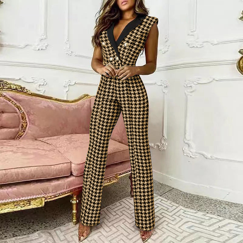 V-Ausschnitt Houndstooth Jumpsuit – Eleganter Business Look für Damen